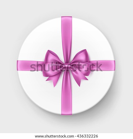 Vector White Round Gift Box with Shiny Light Pink Satin Bow and Ribbon Top View Close up Isolated on White Background