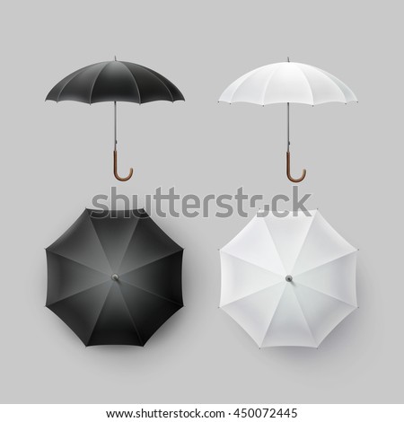 Vector Set of White Black Blank Classic Opened Round Rain Umbrella Parasol Sunshade Top Front Side View Mock up Close Isolated on Background