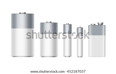 Vector Set of White Gray Glossy Alkaline Batteries Of Diffrent size AAA, AA, C, D, PP3 and 9 Volt Battery for branding Close up Isolated on White background