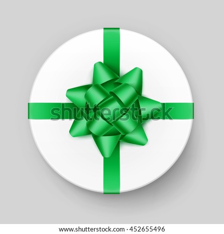 Vector White Round Gift Box with Shiny Green Emerald Bow and Ribbon Top View Close up Isolated on Background