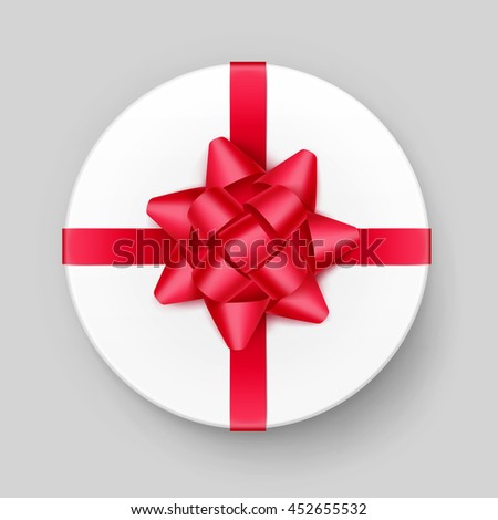 Vector White Round Gift Box with Shiny Red Scarlet Bow and Ribbon Top View Close up Isolated on Background