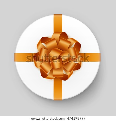 Vector White Round Gift Box with Shiny Yellow Golden Bow and Ribbon Top View Close up Isolated on Background