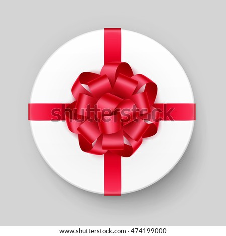 Vector White Round Gift Box with Shiny Red Scarlet Bow and Ribbon Top View Close up Isolated on Background