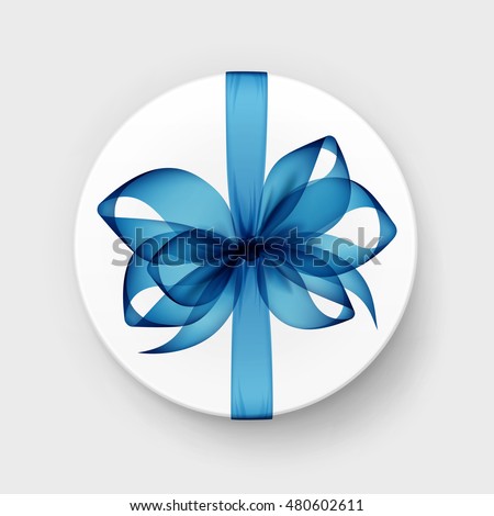 Vector White Round Gift Box with Transparent Light Blue Bow and Ribbon Top View Close up Isolated on Background