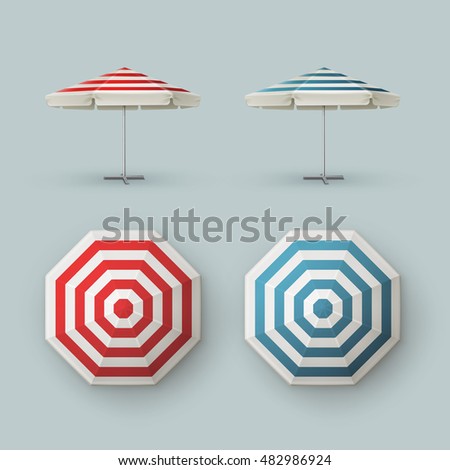 Vector Set of White Blank Red Blue Striped Patio Outdoor  Market Beach Cafe Bar Pub Restaurant Round Umbrella Parasol   for Branding Top Side View Mock up Close Isolated on Background