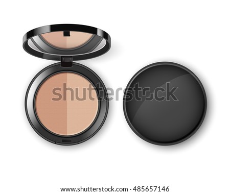 Vector Face Cosmetic Makeup Powder in Black Round Plastic Case with Mirror Top View Isolated on White Background