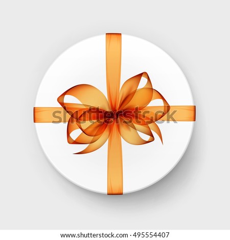 Vector White Round Gift Box with Transparent Orange Bow and Ribbon Top View Close up Isolated on Background