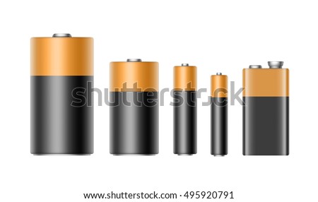 Vector Set of Black Yellow Golden Glossy Alkaline Batteries Of Diffrent size AAA, AA, C, D, PP3 and 9 Volt Battery for branding Close up Isolated on White background