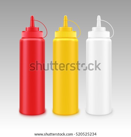 Vector Set of Blank Plastic White Red Yellow Mayonnaise Mustard Ketchup Bottle for Branding without label Isolated on Background