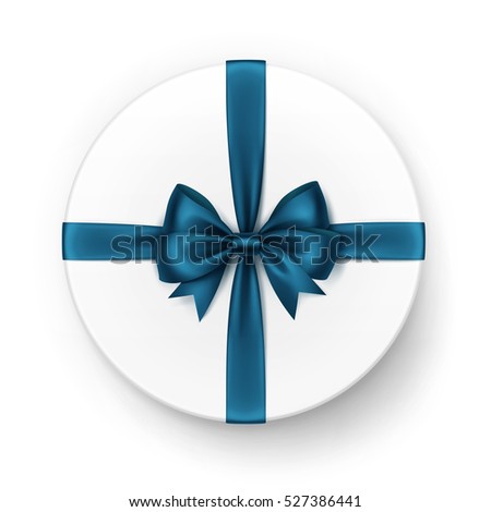 Vector White Round Gift Box with Shiny Dark Blue Turquoise Satin Bow and Ribbon Top View Close up Isolated on White Background