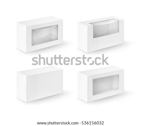 Vector Set of White Blank Cardboard Rectangle Take Away Boxes Packaging For Sandwich, Food, Gift, Other Products with Plastic Window Mock up Close up Isolated on White Background