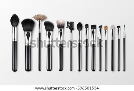 Vector Set of Black Clean Professional Makeup Concealer Powder Blush Eye Shadow Brow Brushes with Black Handles Isolated on White Background