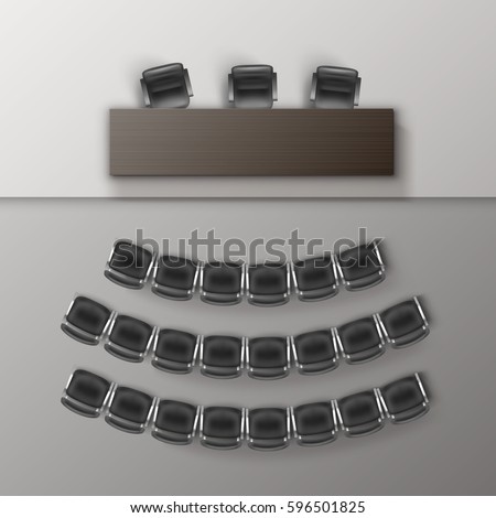 Vector Audience Auditorium Empty College Lecture Hall in University with Black Office Chairs and Brown Wooden Table Top View