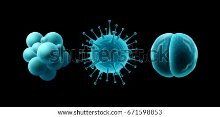 Vector blue cocci bacteria and virus cells set close up isolated on black background