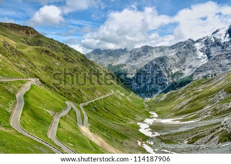 Winding serpentine mountain road in Italian Alps, Stelvio pass