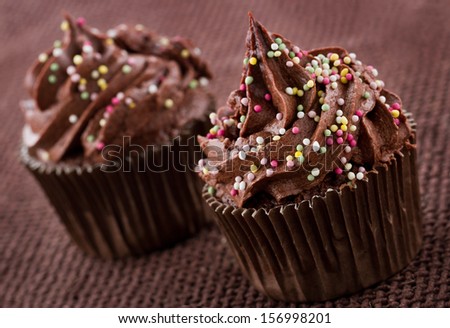 Chocolate cupcake with colorful sprinkles on dark background