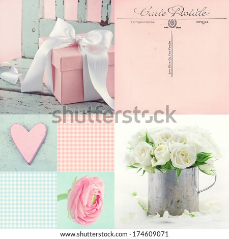Pink and light blue tone collage of flowers and present with vintage postcard greeting