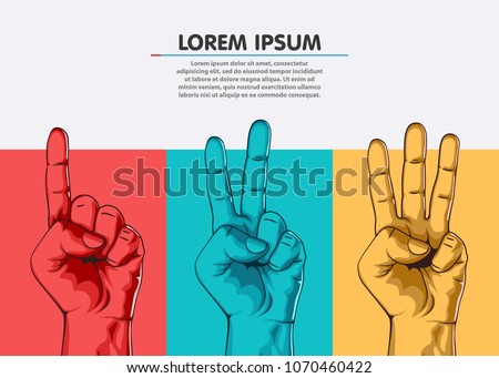 Set of counting one two three hand sign. Three steps or options concept. Vector illustration