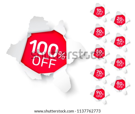 Paper explosion banner collection off with share discount percentage. Vector illustration