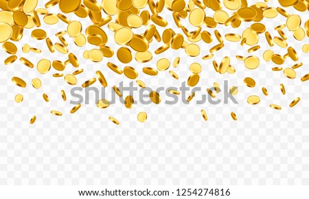 Falling from the top a lot of coins on a transparent background. Vector illustration