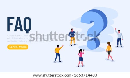 People Characters Standing near Question Marks. Women and Men Ask Questions and receive Answers. Online Support center. Frequently Asked Questions Concept. Vector Illustration.