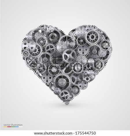 Vector Illustration of a heart made with gears, Mechanics gray Heart icon.