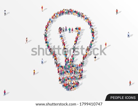 Large group of people seen from above gathered together in the shape of lightbulb. Idea and inspiration concept. Vector illustration