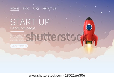 Start up idea Landing page screen, development technology, rocket banner. Vector illustration
