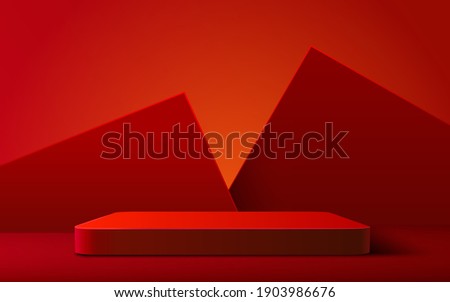 Abstract scene background. Rectangle podium on red background. Product presentation, mock up, show cosmetic product, Podium, stage pedestal or platform. Vector illustration