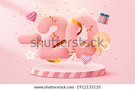 20% Off. Discount creative composition. 3d sale symbol with decorative objects, heart shaped balloons, golden confetti, podium and gift box. Sale banner and poster. Vector illustration.
