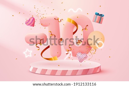 10% Off. Discount creative composition. 3d sale symbol with decorative objects, heart shaped balloons, golden confetti, podium and gift box. Sale banner and poster. Vector illustration.