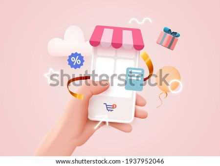 Hand holding mobile smart phone with shopp app. Online shopping concept. Vector illustration