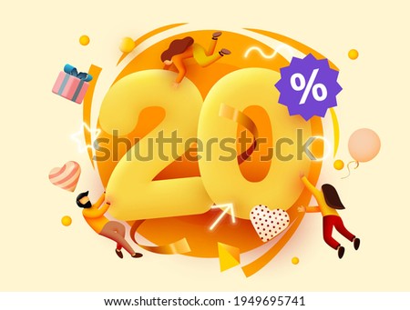 Mega sale. 20 percent discount. Special offer background with flying people. Promotion poster or banner. Vector illustration