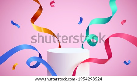 Abstract scene background. Cylinder podium background with confetti and ribbons. Product presentation, mock up, show cosmetic product, Podium, stage pedestal or platform. Vector illustration