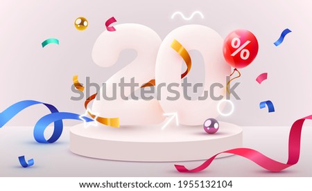 20 percent Off. Discount creative composition. 3d sale symbol with decorative objects, heart shaped balloons, golden confetti, podium and gift box. Sale banner and poster. Vector illustration.