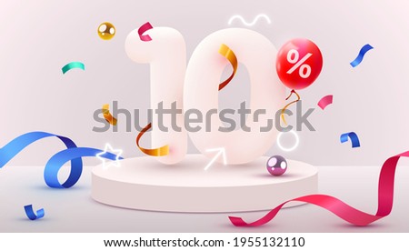 10 percent Off. Discount creative composition. 3d sale symbol with decorative objects, heart shaped balloons, golden confetti, podium and gift box. Sale banner and poster. Vector illustration.