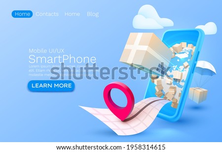 Mobile delivery service, package delivery is all over the place, Smartphone mobile screen, technology mobile display light. Vector illustration