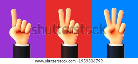 Cute 3D Hands counting one two three. Three steps or options concept. Vector illustration