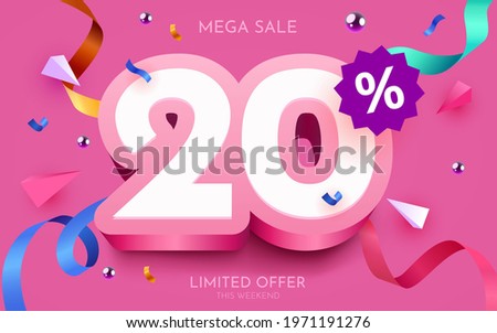 20 percent Off. Discount creative composition. 3d mega sale 20% symbol with decorative objects. Sale banner and poster. Vector illustration.