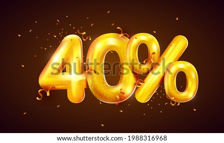 40 percent Off. Discount creative composition of golden balloons. 3d 40% mega sale or forty percent bonus symbol with confetti. Sale banner and poster. Vector illustration.