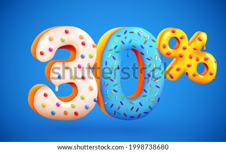 30 percent Off. Discount dessert composition. 3d mega sale 30% symbol with flying sweet donut numbers. Sale banner or poster. Vector illustration