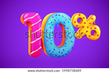 10 percent Off. Discount dessert composition. 3d mega sale 10% symbol with flying sweet donut numbers. Sale banner or poster. Vector illustration