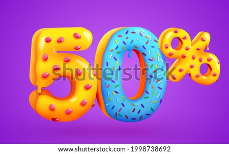 50 percent Off. Discount dessert composition. 3d mega sale 50% symbol with flying sweet donut numbers. Sale banner or poster. Vector illustration