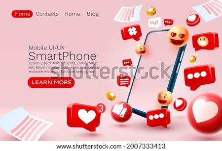 Message with many icons, chat for communication of people, landing page. Vector illustration