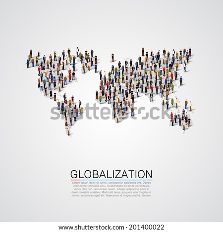 Group of people making a earth planet map shape. Globalization, population, social concept. World crowd. Vector illustration