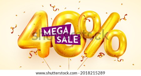 40 percent Off. Discount creative composition of golden balloons. 3d 40% mega sale or forty percent bonus symbol with confetti. Sale banner and poster. Vector illustration.