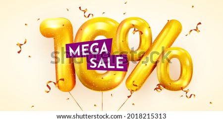10 percent Off. Discount creative composition of golden balloons. 3d 10% mega sale or ten percent bonus symbol with confetti. Sale banner and poster. Vector illustration.