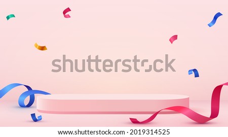 Abstract scene background. Cylinder podium background with confetti and ribbons. Product presentation, mock up, show cosmetic product, Podium, stage pedestal or platform. Vector illustration