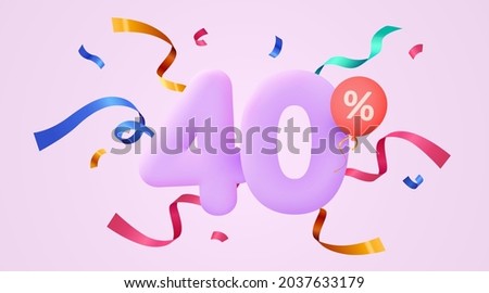 40 percent Off. Discount creative composition. 3d sale symbol with decorative confetti. Sale banner and poster. Vector illustration.