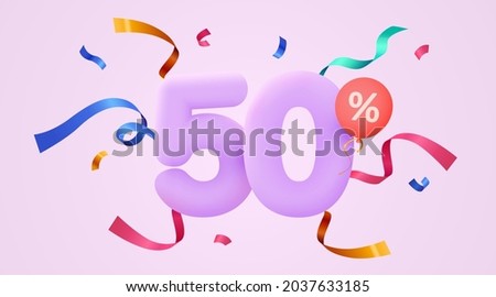 50 percent Off. Discount creative composition. 3d sale symbol with decorative confetti. Sale banner and poster. Vector illustration.